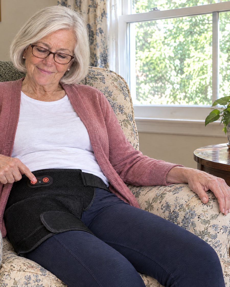 Woman relaxing in an armchair wearing the Daywick 4-in-1 Hip Therapy Belt