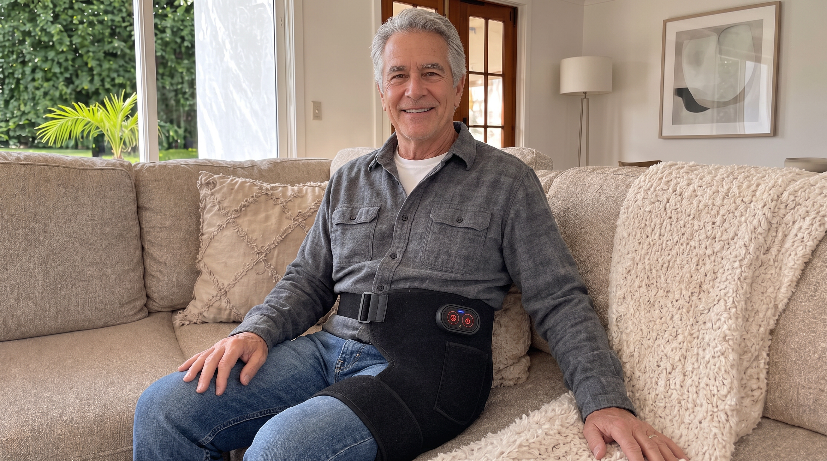 Older woman using the Daywick 4-in-1 Hip Therapy Belt at home