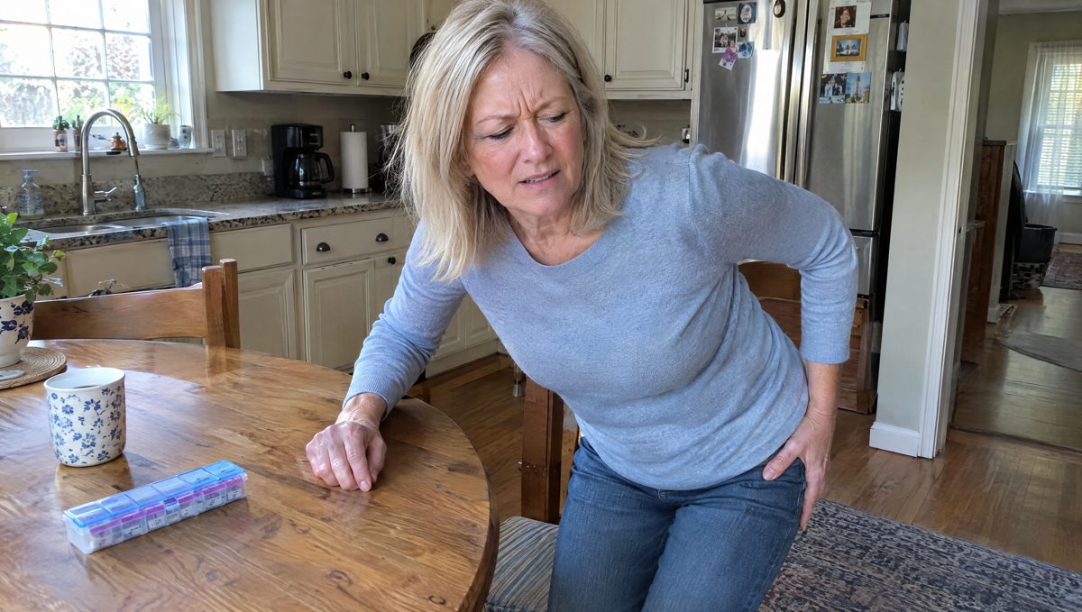 Woman in her 60s pushing up from a kitchen chair, hand pressed to her hip