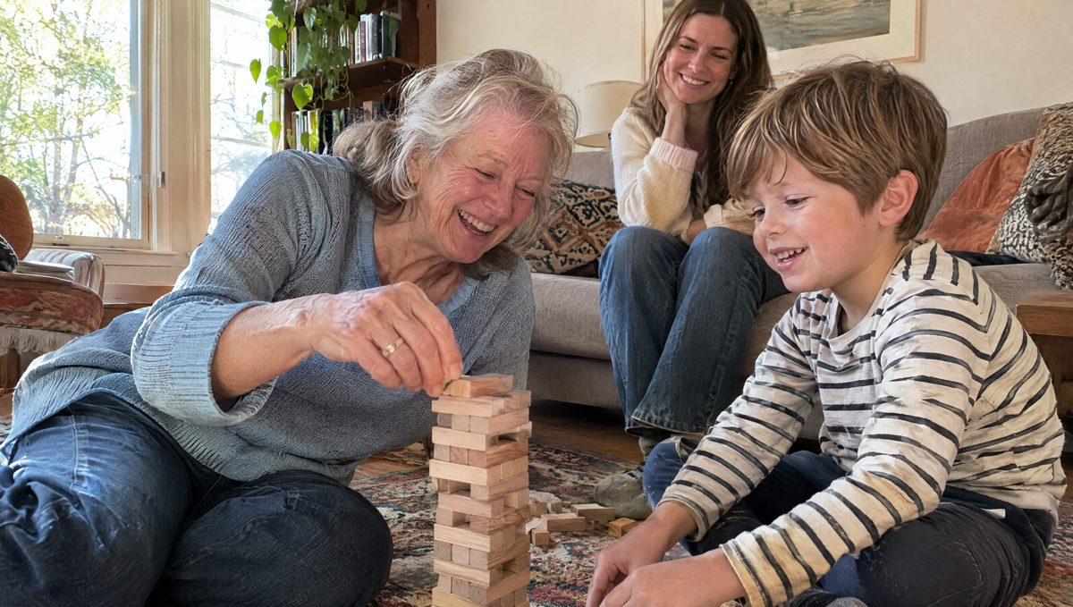 The editor's mother on the floor playing with her grandson