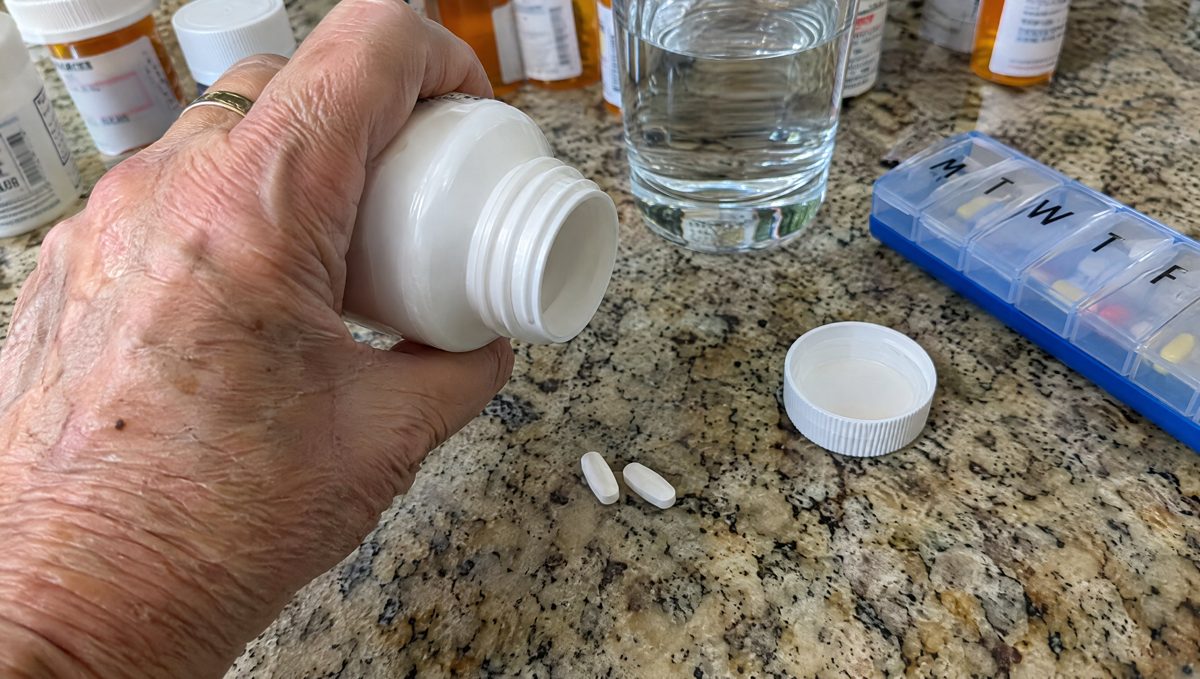 Pain pills and ibuprofen on a kitchen counter