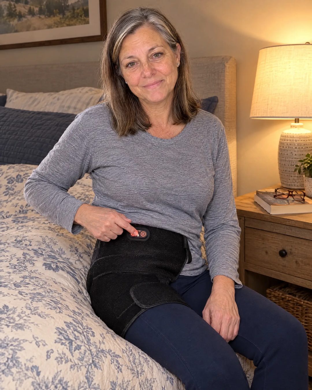 Woman sitting on her bed wearing the 4-in-1 Hip Therapy Belt before sleep