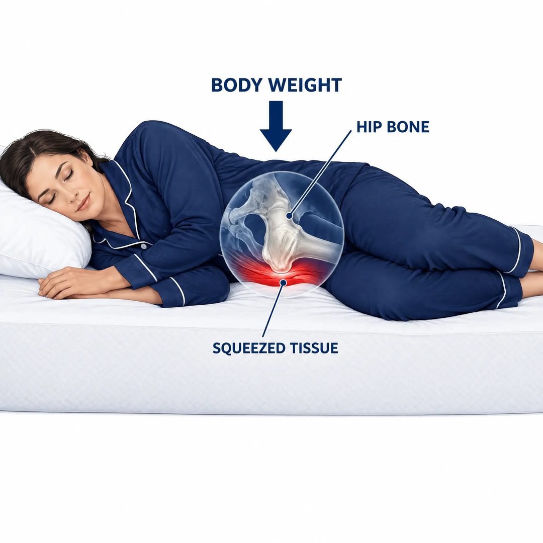 Illustration: lying on your side presses the outer hip bone into the mattress and squeezes the tissue around it