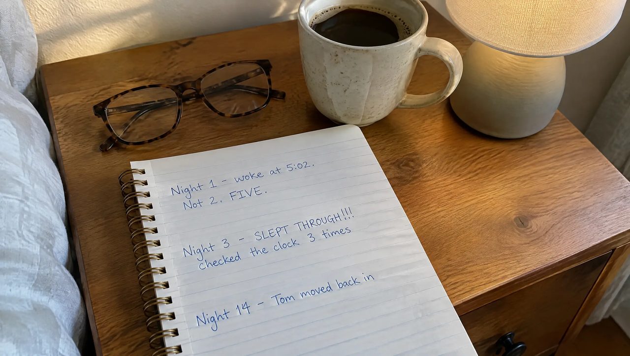 Handwritten sleep journal on a nightstand