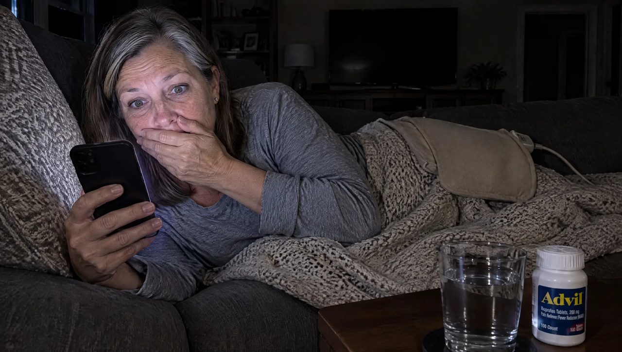 Woman on the couch at night reading on her phone with a heating pad on her hip
