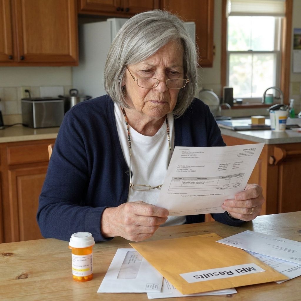 Woman reading a medical bill at her kitchen table next to her MRI results