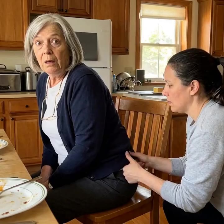 A physical therapist pressing her thumb into the back of an older woman's hip at the kitchen table
