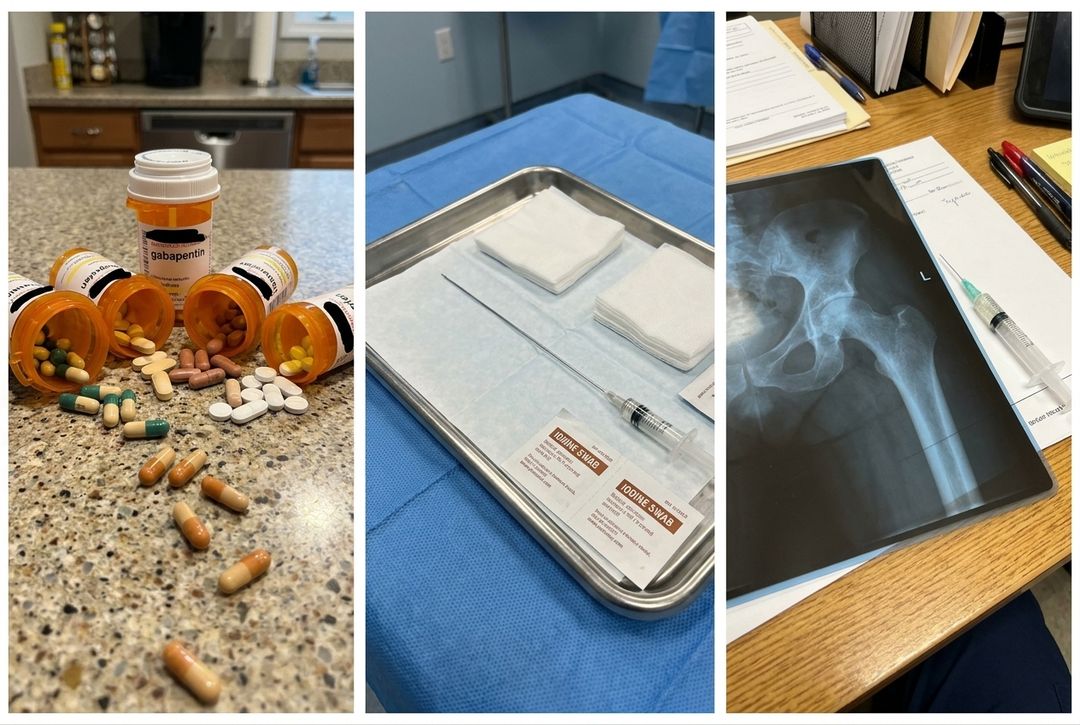 Nerve pills, an epidural injection tray and a hip X-ray with a cortisone syringe