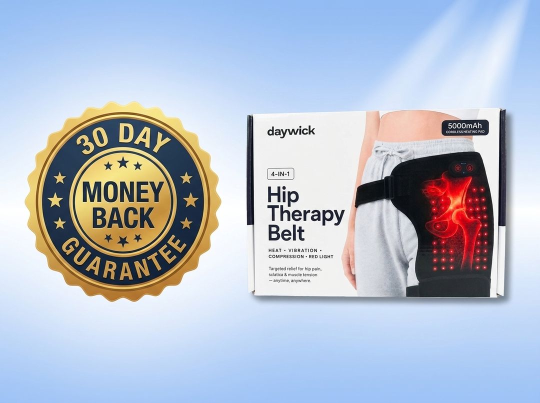 30-day money-back guarantee seal next to the Daywick belt box