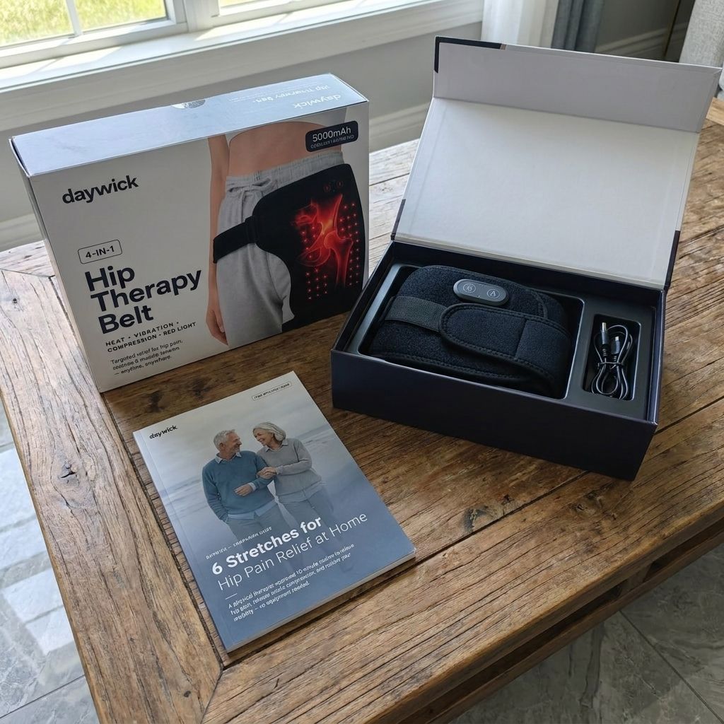 The Daywick box opened with the belt inside and the hip stretches eBook