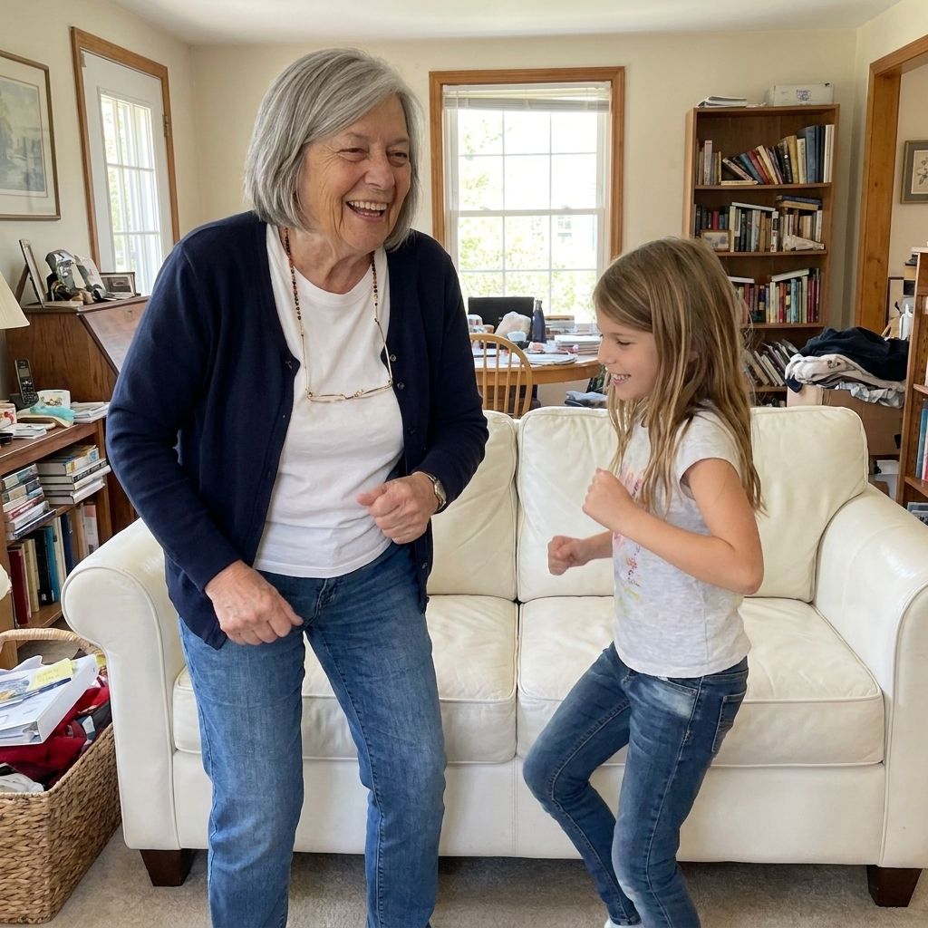 Grandmother dancing with her granddaughter in the living room