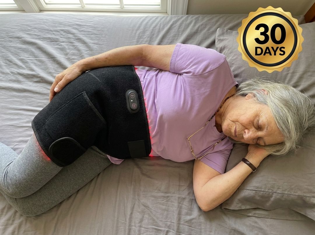 Woman resting on her bed wearing the belt, backed by the 30-day guarantee