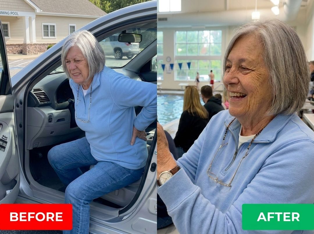 Before: stuck in the car with hip pain. After: cheering at her granddaughter's swim meet
