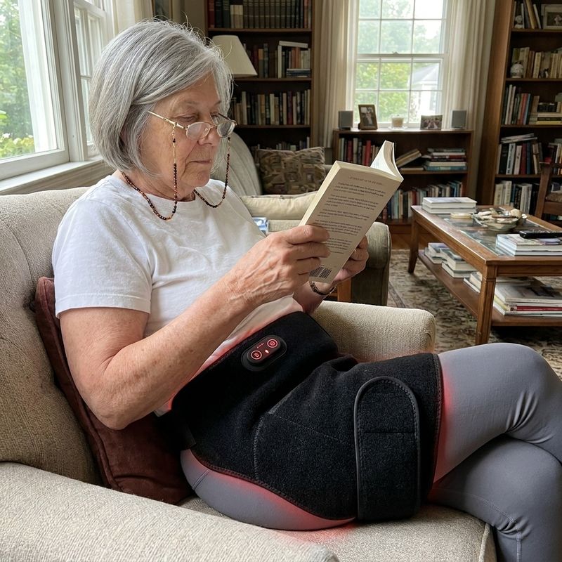 Reading in an armchair while wearing the belt