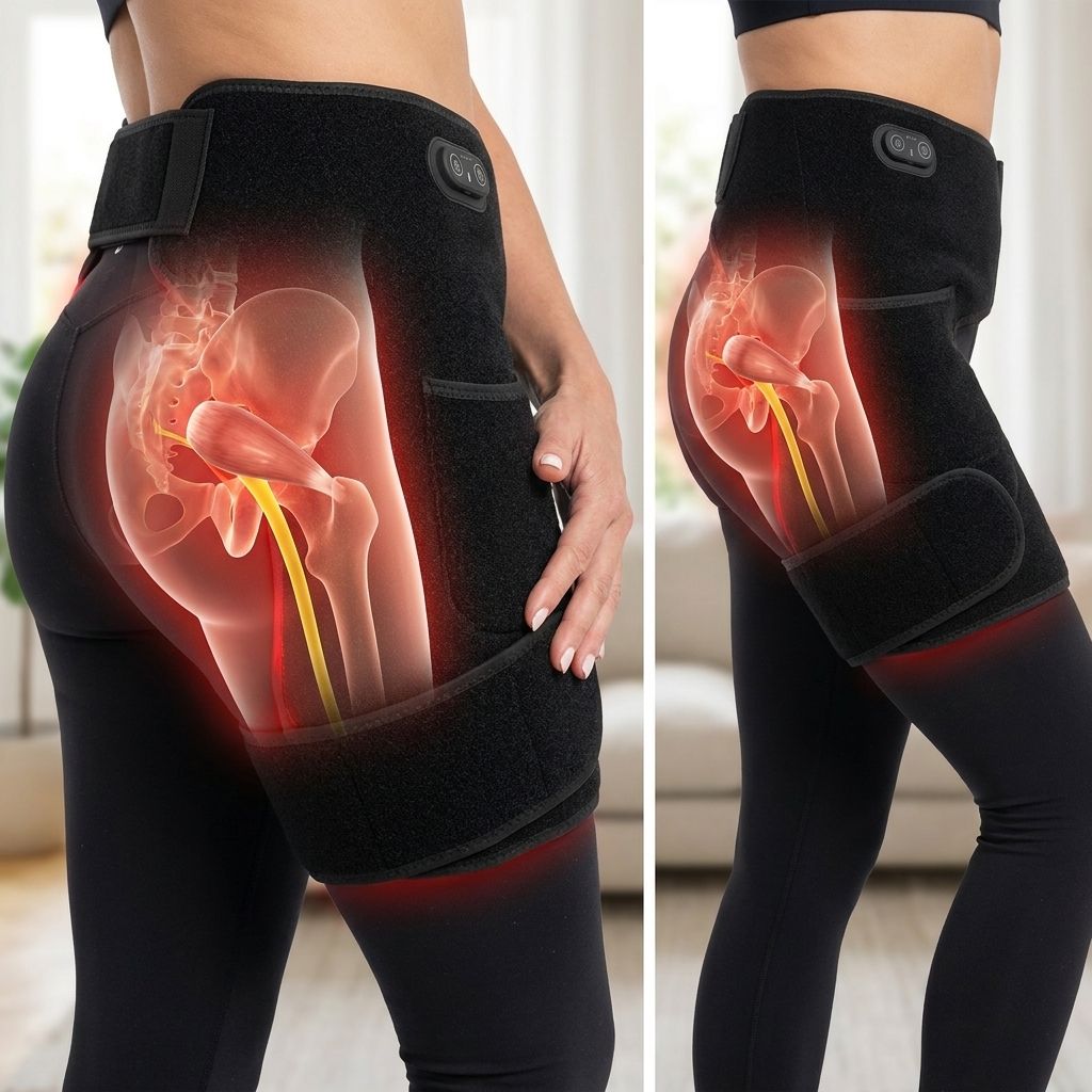 The 4-in-1 Hip Therapy Belt on the hip, with the piriformis muscle and sciatic nerve shown underneath