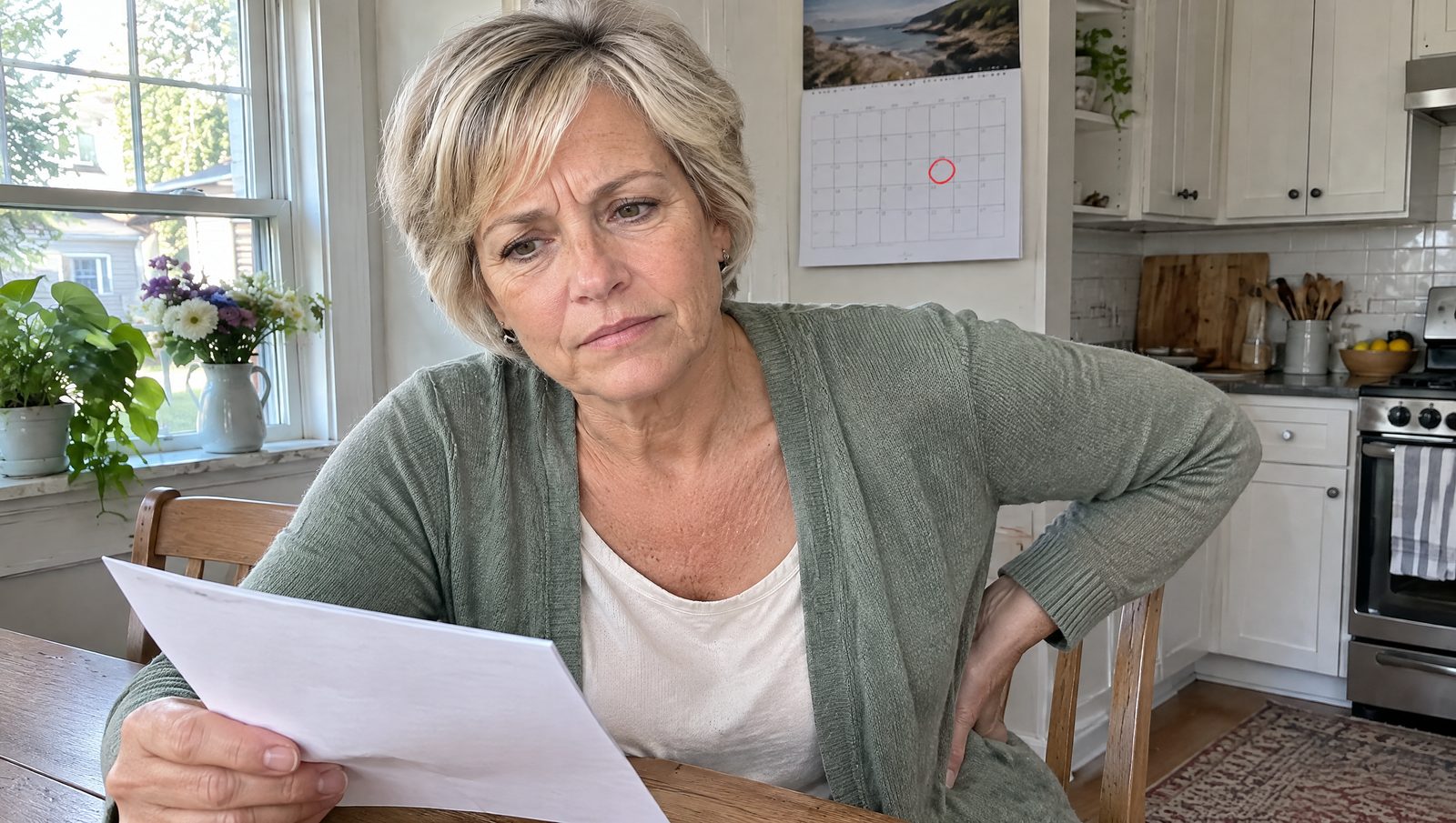 Older woman at her kitchen table holding a hospital letter, one hand pressed to her hip