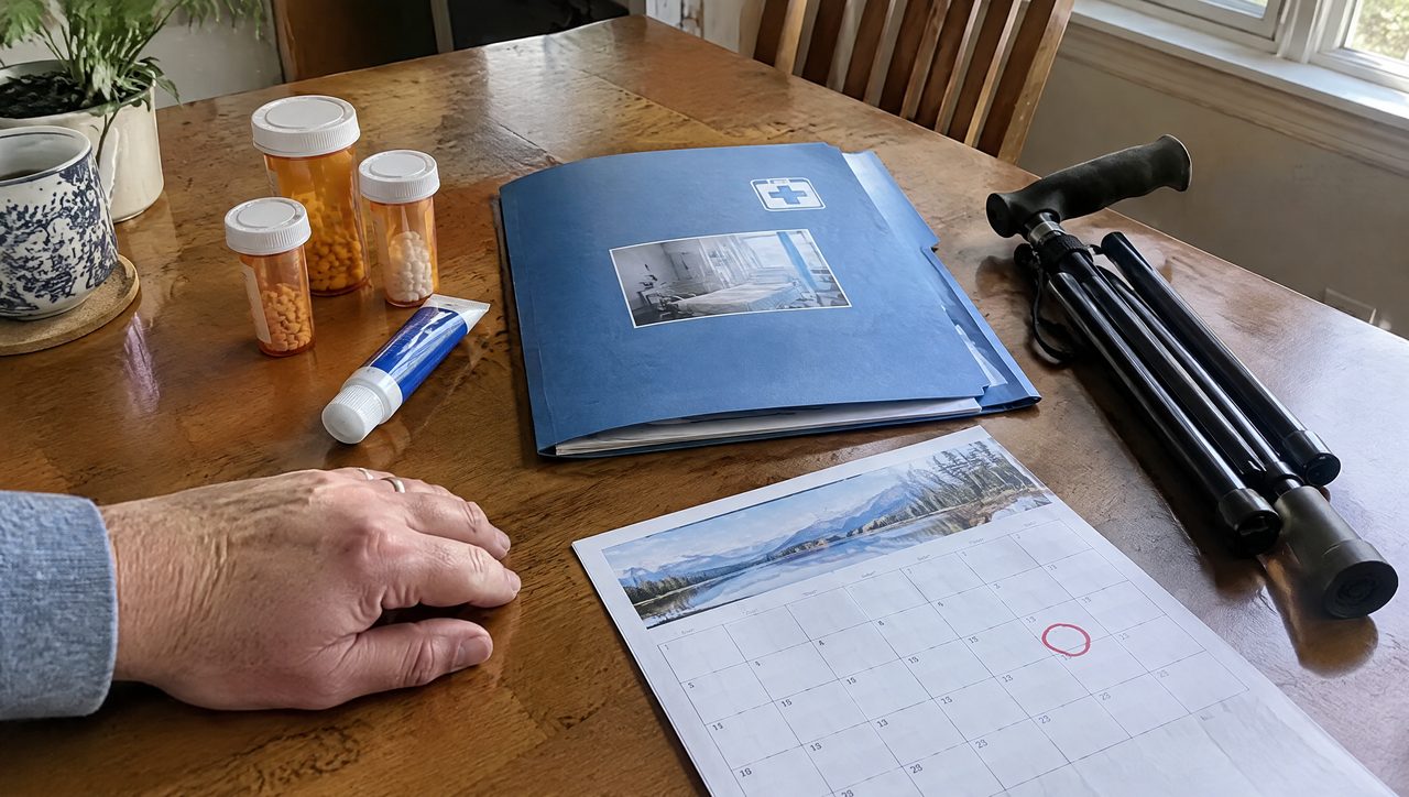 Pill bottles, pain cream, a folded cane and a hospital folder on a kitchen table