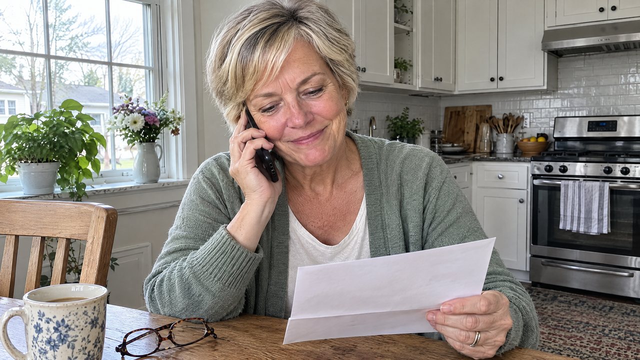 Older woman smiling by a window with a phone to her ear
