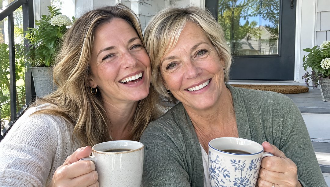 Linda laughing with her daughter over coffee on the front porch
