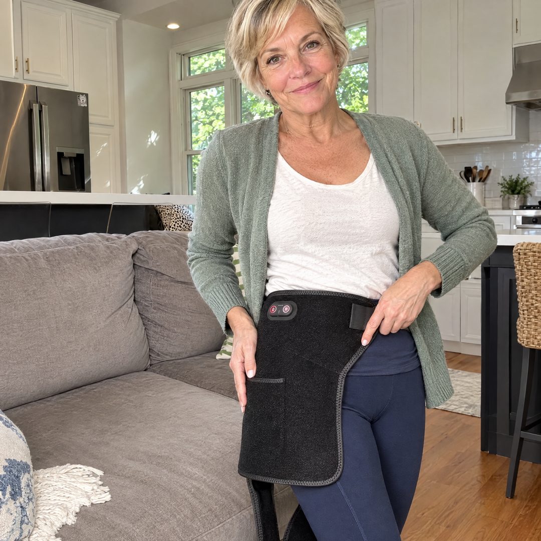 The 4-in-1 Hip Therapy Belt worn while walking around the kitchen