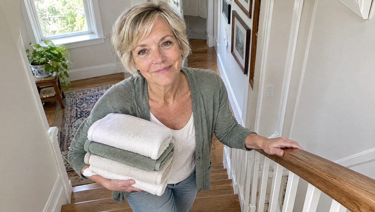 Linda climbing her stairs with folded towels, one hand resting lightly on the rail