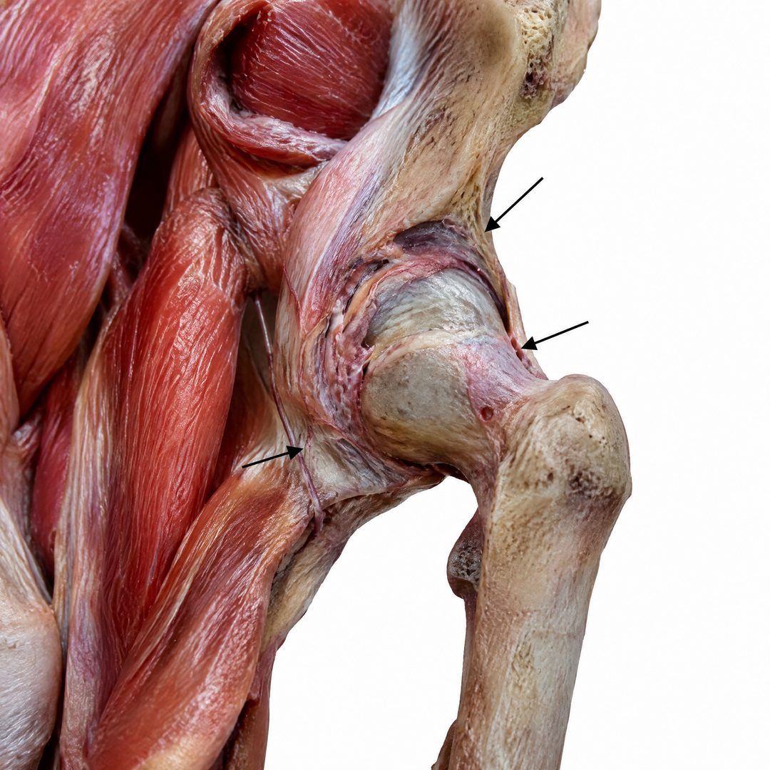 Illustration of a hip joint with only thin, faint blood vessels reaching the joint