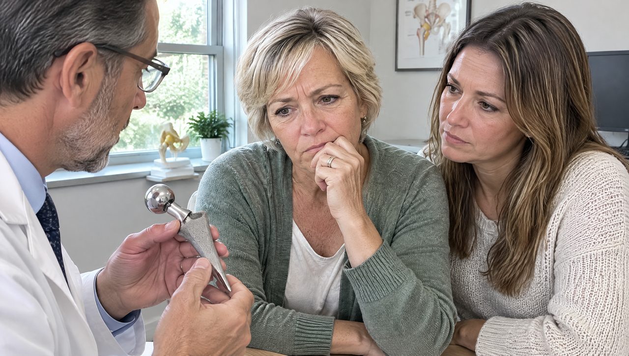 Surgeon holding a hip replacement implant in front of an older woman and her daughter