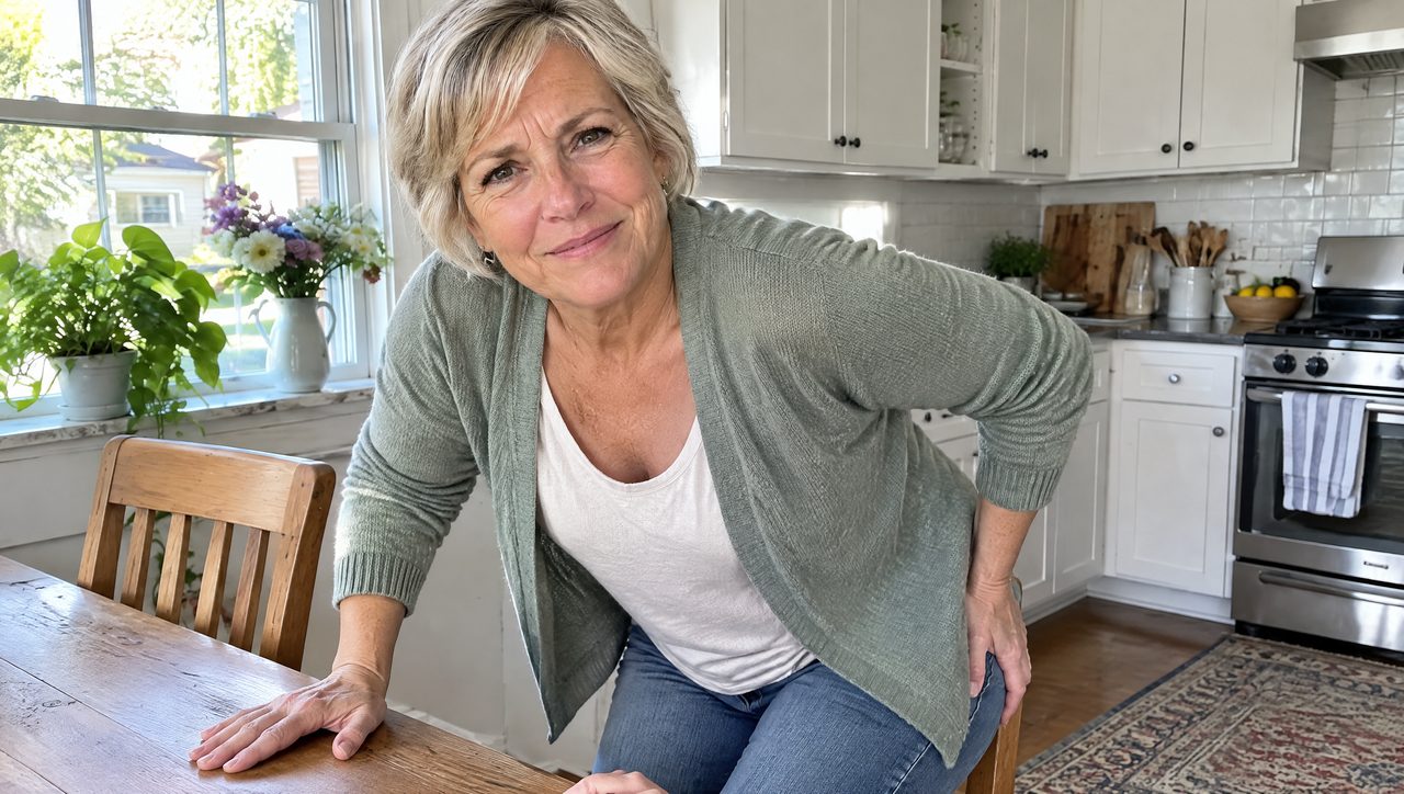 Older woman bracing on her kitchen table as she tries to stand up