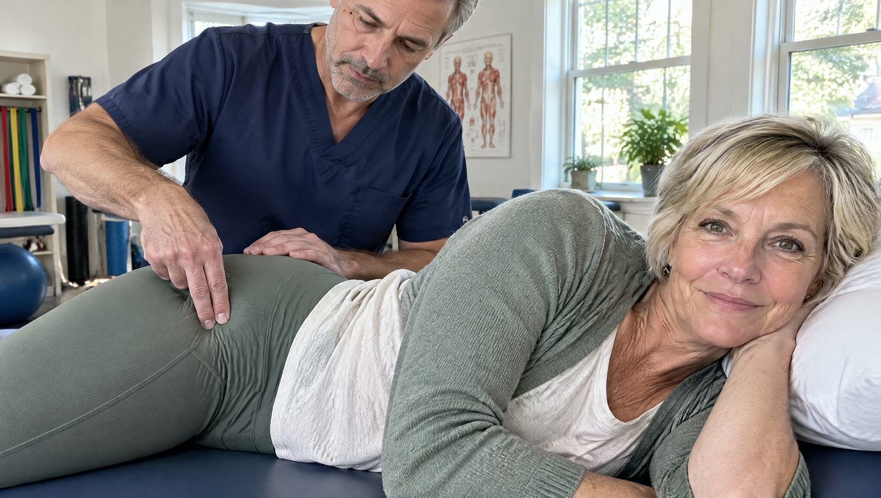 Physical therapist pressing on the outer hip of an older woman patient