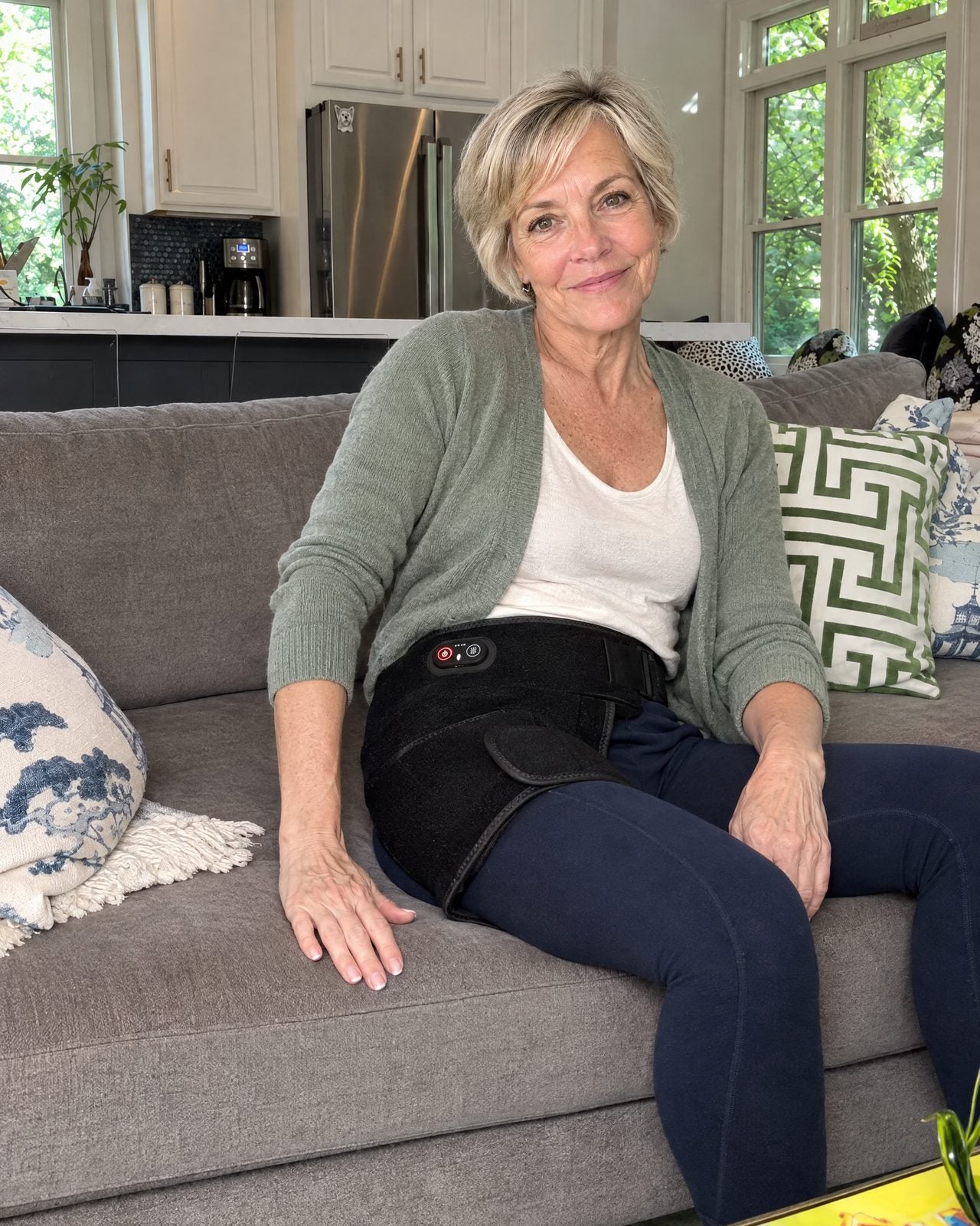 Older woman sitting on her sofa wearing the 4-in-1 Hip Therapy Belt