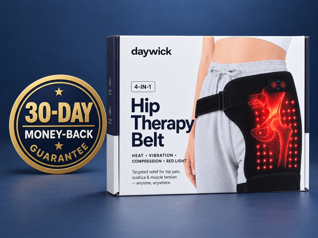 30-day money-back guarantee seal next to the Daywick belt box