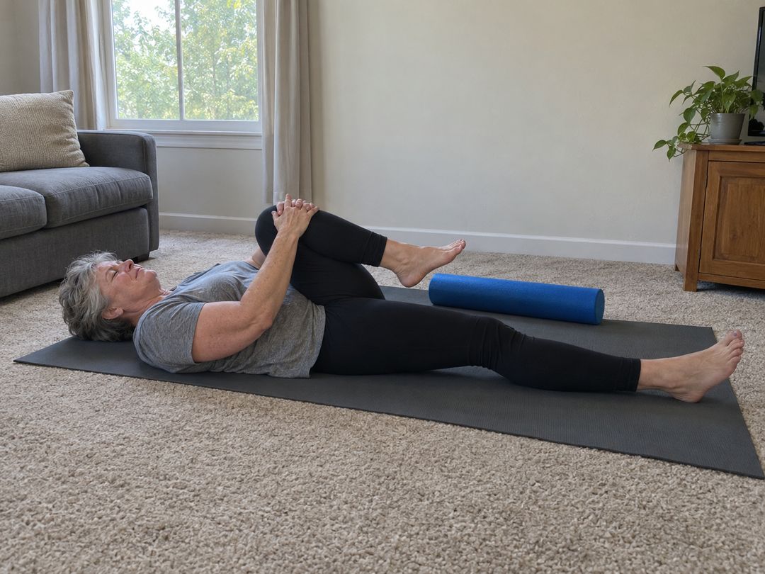 A woman pulling her knee across her body in a hip stretch, a foam roller beside her