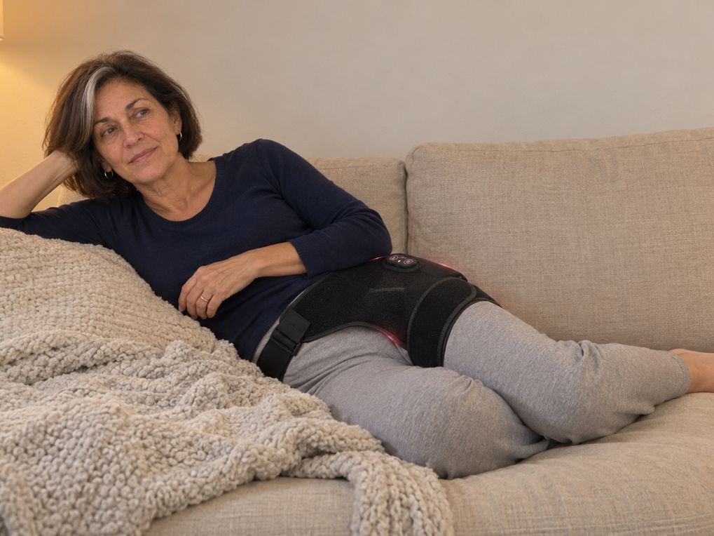 Reclining on the sofa in the evening wearing the hip belt