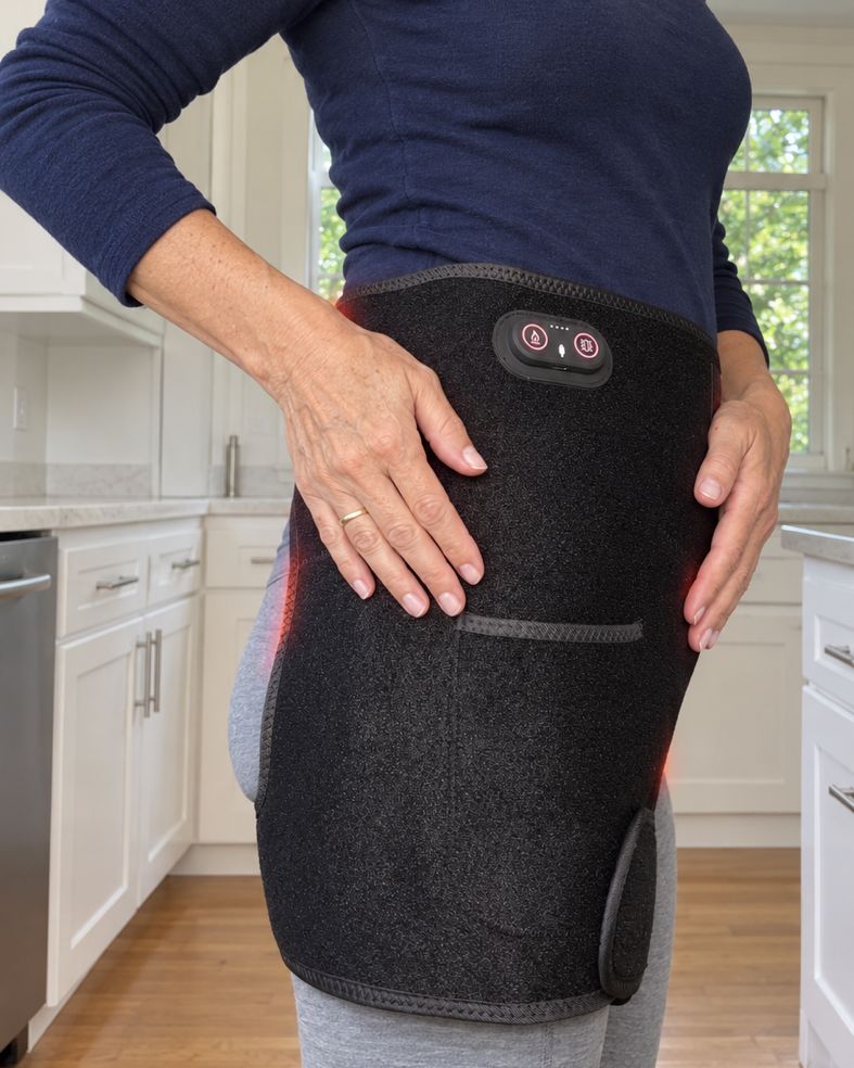 The Daywick 4-in-1 Hip Therapy Belt worn on the outside of the hip, over the bony point