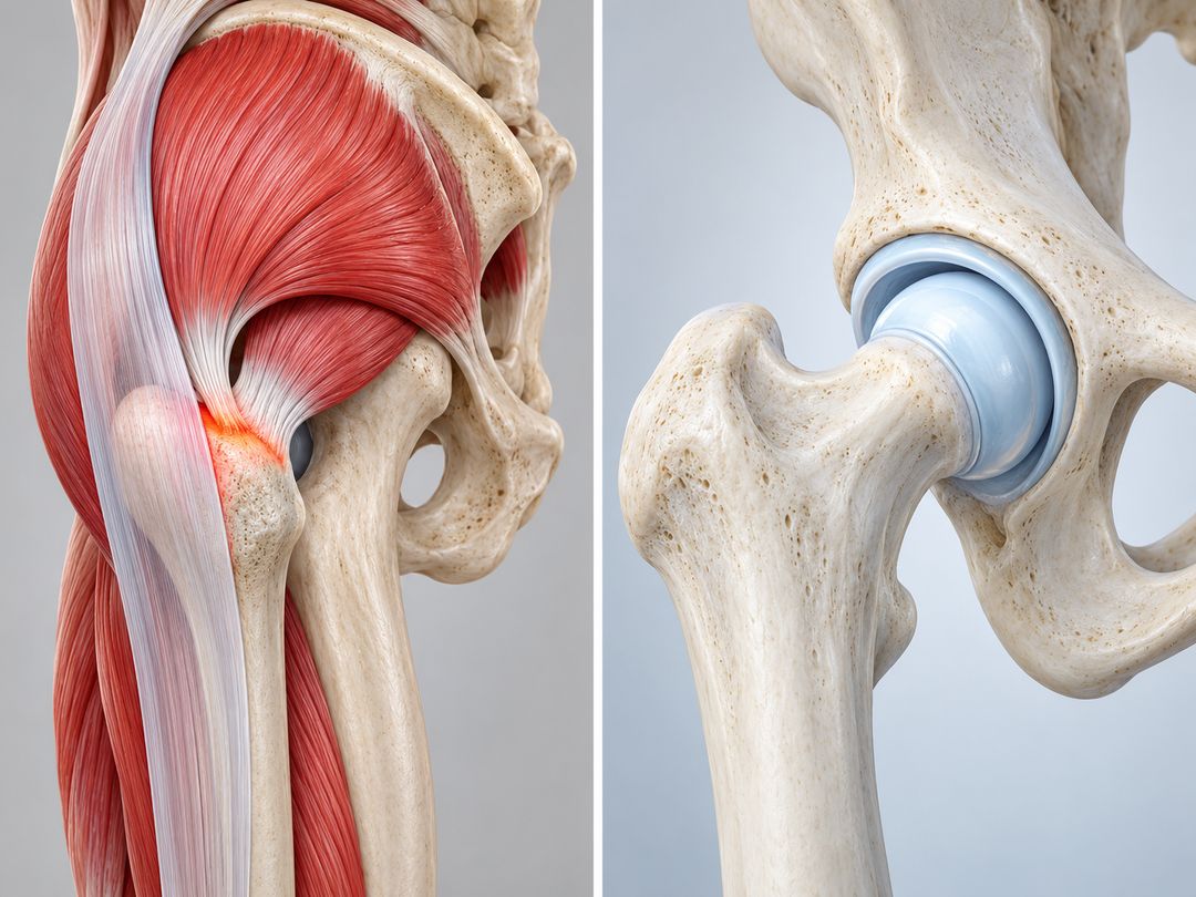 Left: glute tendons squeezed against the bony point on the outside of the hip. Right: the hip joint an X-ray blames