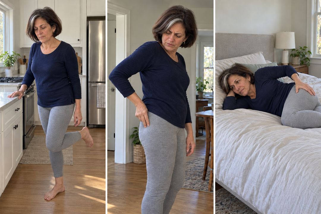 Three checks: standing on the sore leg, pressing the bony point on the outside of the hip, lying on that side