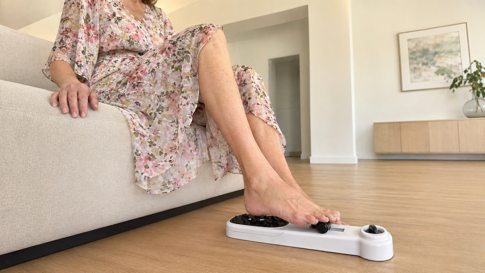 Older woman using the SteadyStep arch support trainer at home