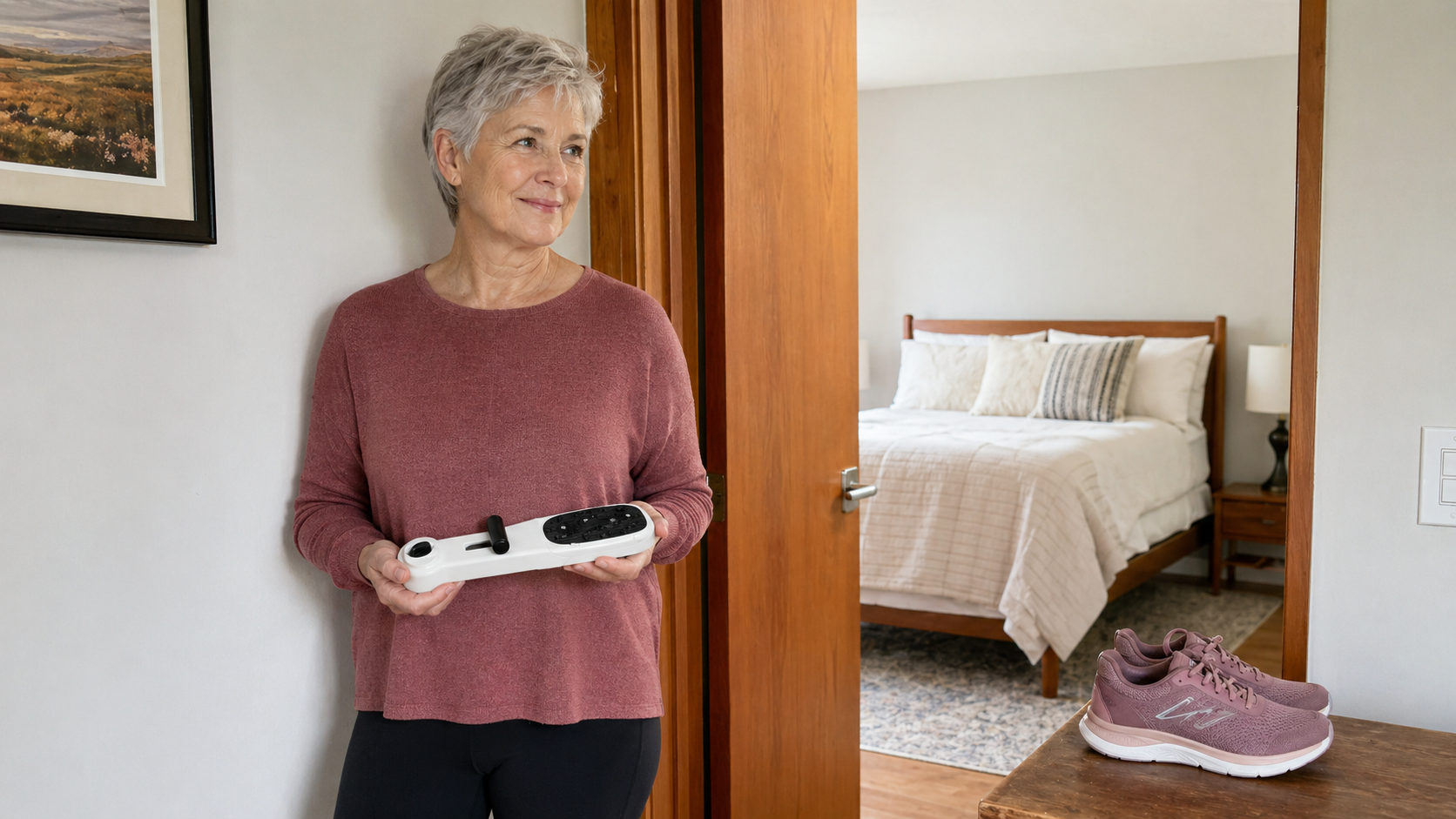 Older woman ready to leave home after using the arch trainer