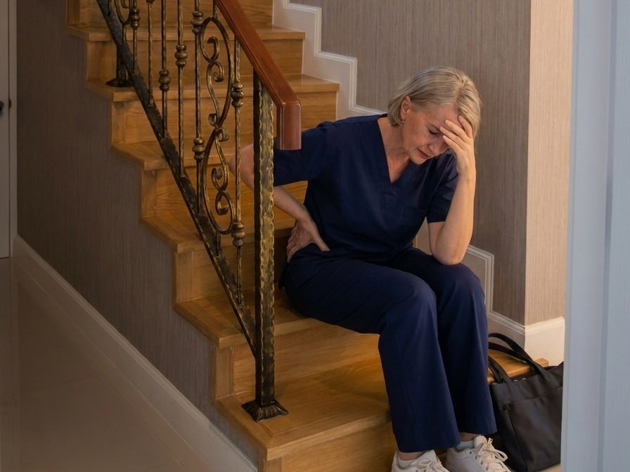 Nurse crying on the bottom stair after her shift
