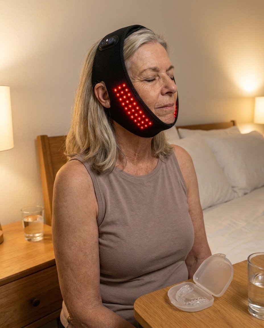 Wearing the TMJ Therapy Wrap next to her night guard