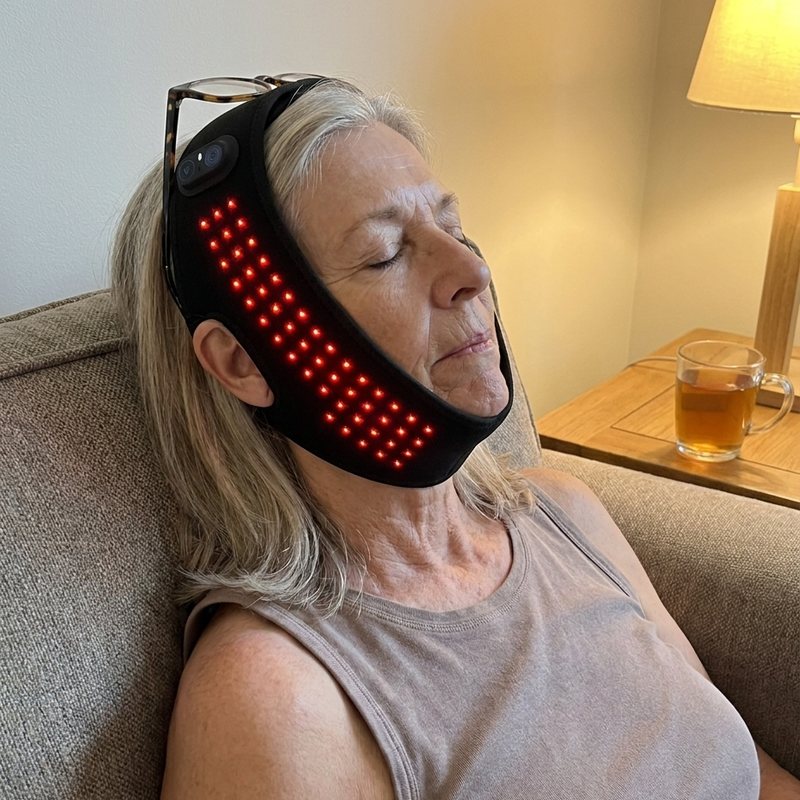 Woman relaxing on her couch in the TMJ wrap with the red lights on