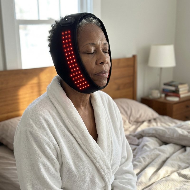 Woman wearing the TMJ wrap correctly, under the chin and over the top of the head