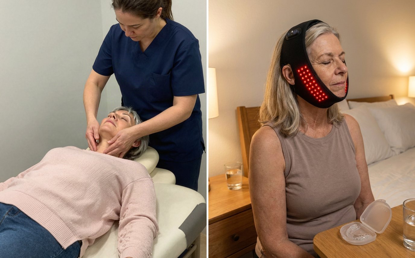 Left: a paid jaw massage at a clinic. Right: relaxing at home in the wrap next to her night guard case