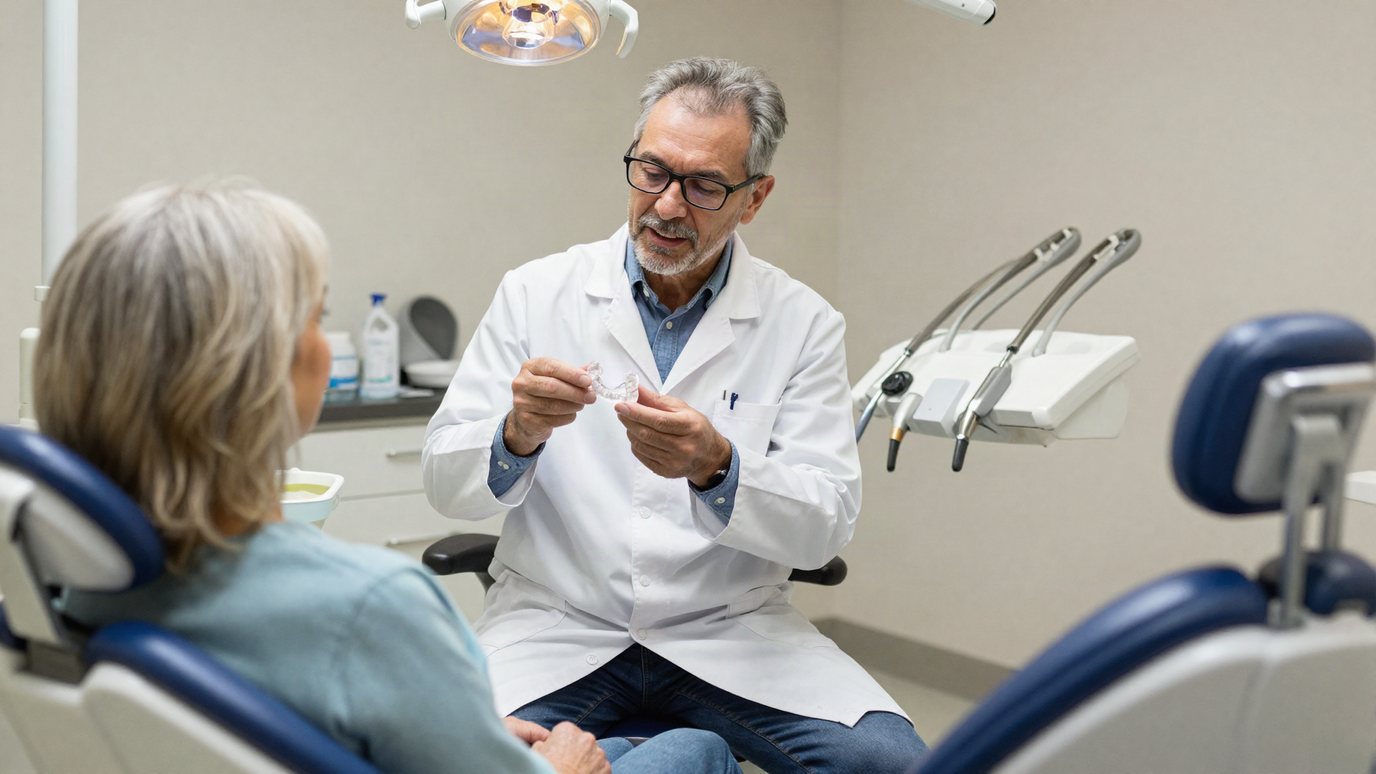 Dentist holding up a clear custom night guard for a patient in the dental chair