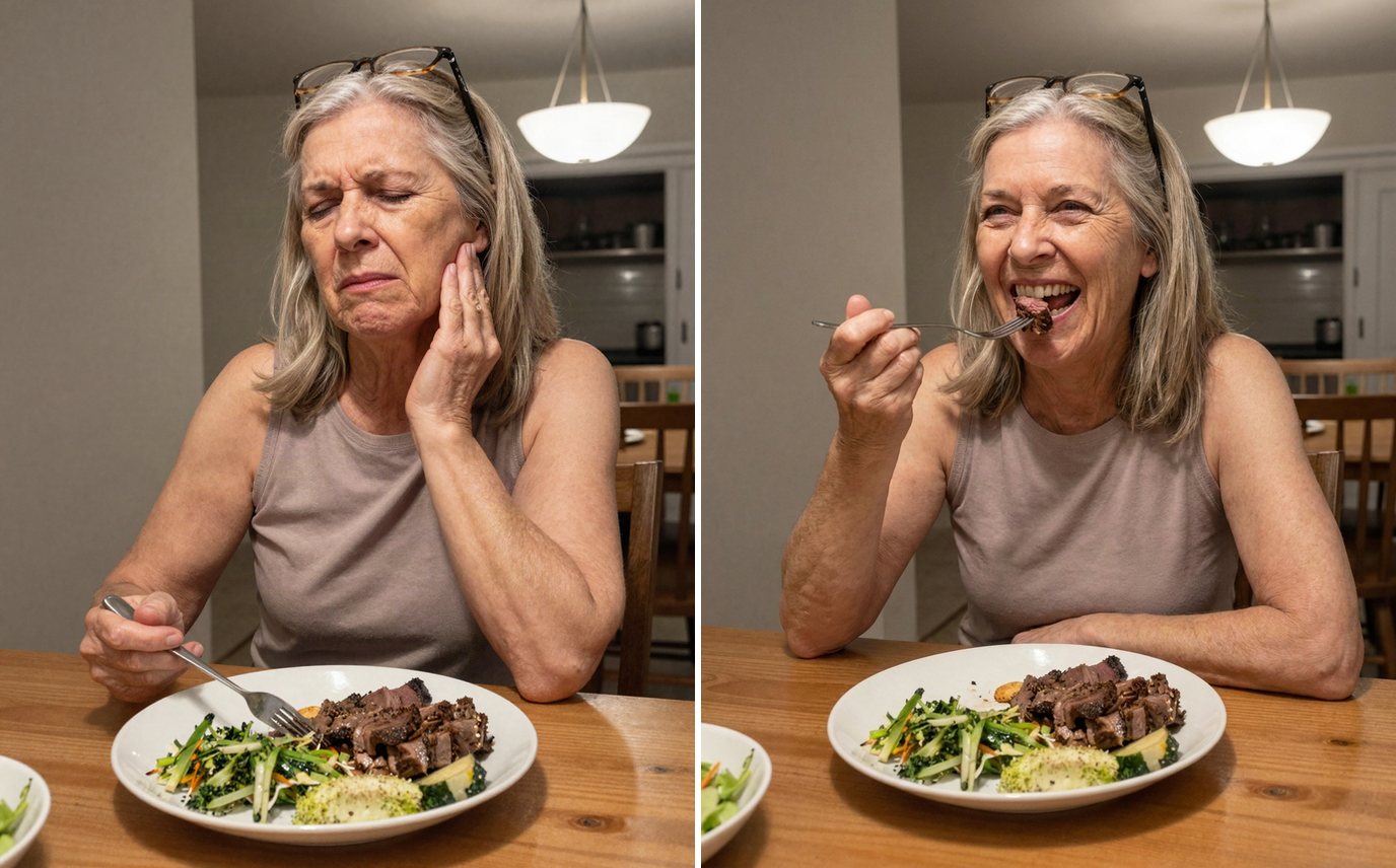 The same woman at dinner: holding her aching jaw, then laughing and chewing steak comfortably