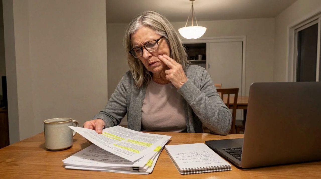Woman reading printed medical articles at her kitchen table late at night, fingers pressed into her jaw muscle