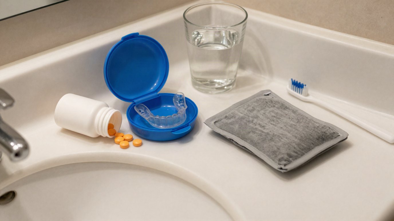 Night guard case, spilled painkillers and a rice heat pack on a bathroom counter