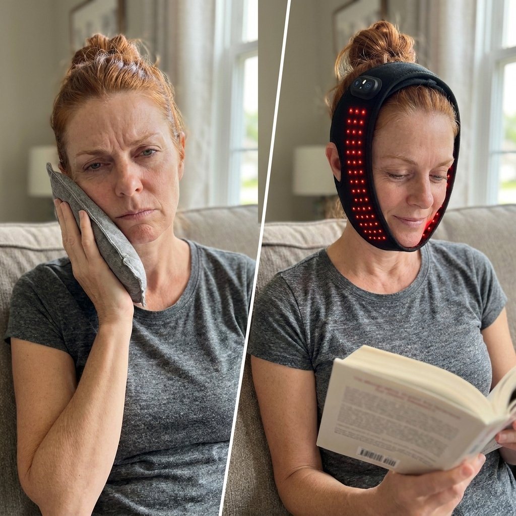 Left: holding a rice heat pack to one side of the face. Right: wearing the wrap hands-free and reading