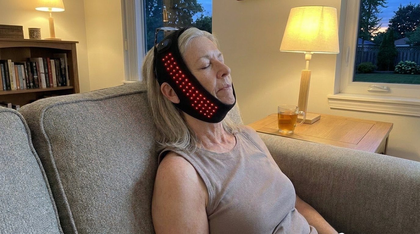 Woman in her 60s relaxing on her couch wearing the Daywick TMJ Therapy Wrap with its red lights glowing