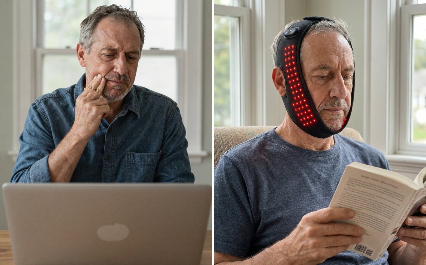 A man rubbing his tight jaw at his laptop, then relaxing with a book while wearing the wrap